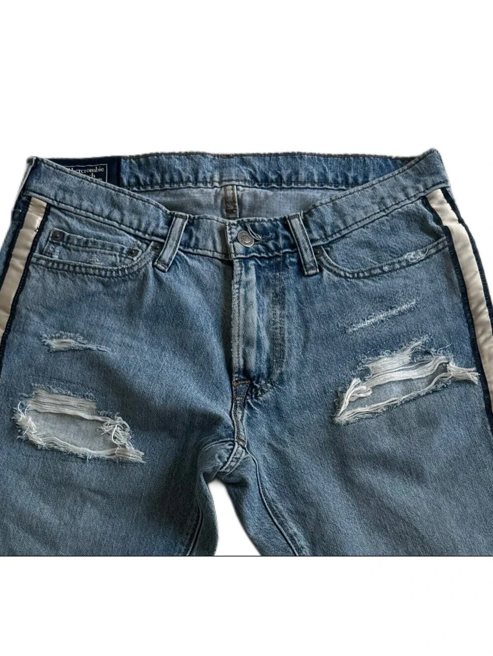 Abercrombie Langdon Slim Jeans 29x30 Distressed Side Stripe Taped Denim